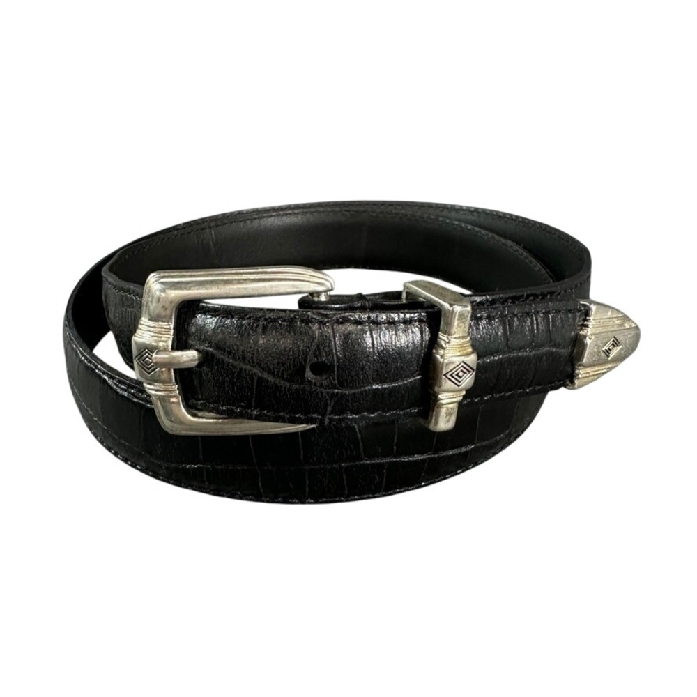 Genuine Leather Croc Embossed Belt Silver Diamond Hardware Black Size 36